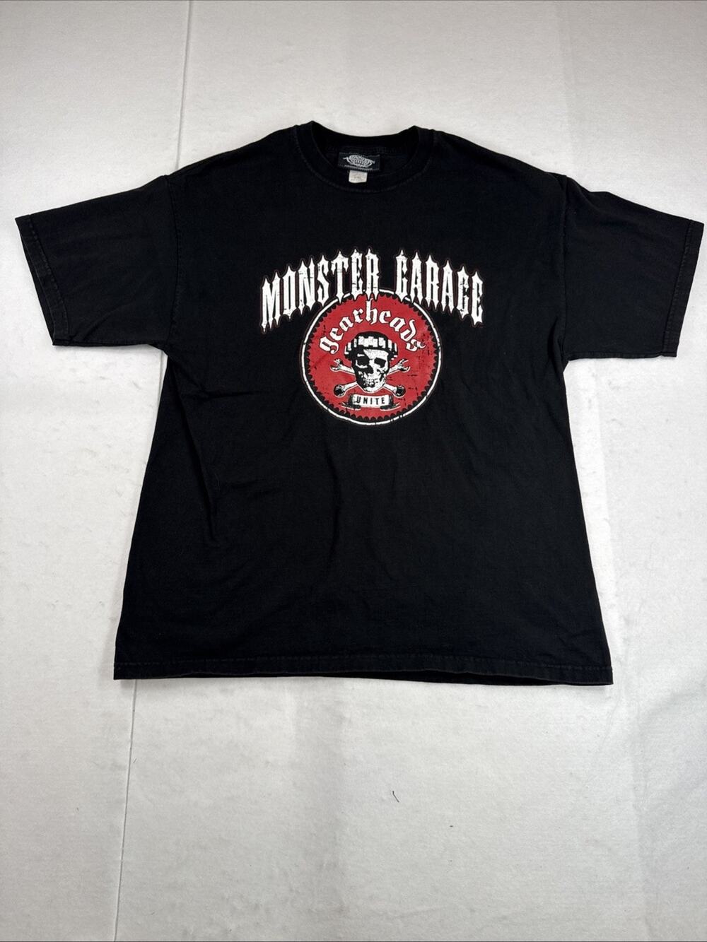 Vintage 2004 Official Monster Garage Promo Skull Graphic T-Shirt Black Size L/XL